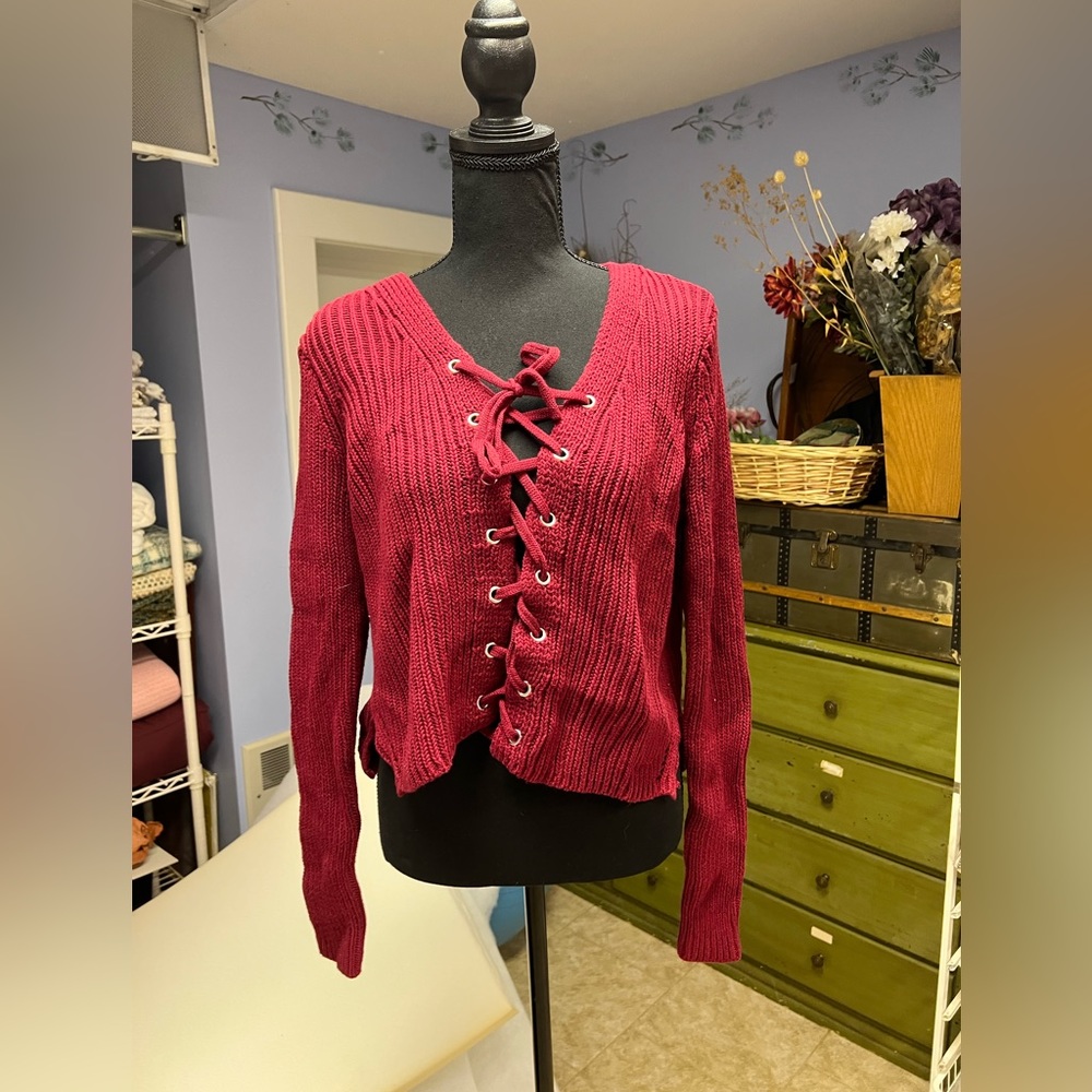 Red lace up knit sweater